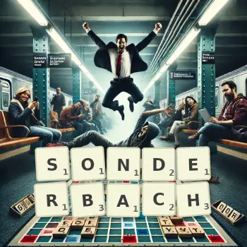 Kreative Illustration für ein Scrabble-Spiel, bei dem das Wort SONDERBACH mit Steinen auf dem Brett gelegt wurde.