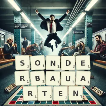 Kreative Illustration für ein Scrabble-Spiel, bei dem das Wort SONDERBAUARTEN mit Steinen auf dem Brett gelegt wurde.