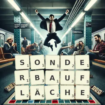 Kreative Illustration für ein Scrabble-Spiel, bei dem das Wort SONDERBAUFLÄCHE mit Steinen auf dem Brett gelegt wurde.