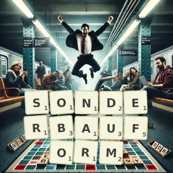Kreative Illustration für ein Scrabble-Spiel, bei dem das Wort SONDERBAUFORM mit Steinen auf dem Brett gelegt wurde.