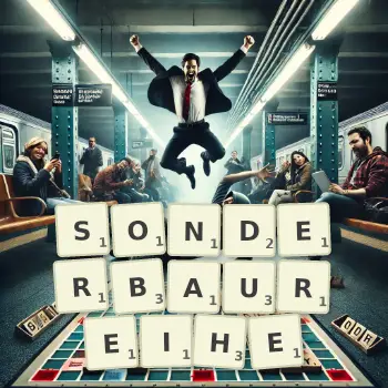 Kreative Illustration für ein Scrabble-Spiel, bei dem das Wort SONDERBAUREIHE mit Steinen auf dem Brett gelegt wurde.