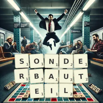 Kreative Illustration für ein Scrabble-Spiel, bei dem das Wort SONDERBAUTEIL mit Steinen auf dem Brett gelegt wurde.