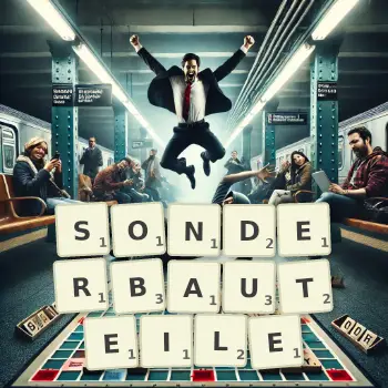 Kreative Illustration für ein Scrabble-Spiel, bei dem das Wort SONDERBAUTEILE mit Steinen auf dem Brett gelegt wurde.