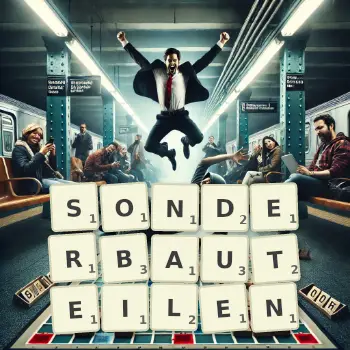 Kreative Illustration für ein Scrabble-Spiel, bei dem das Wort SONDERBAUTEILEN mit Steinen auf dem Brett gelegt wurde.