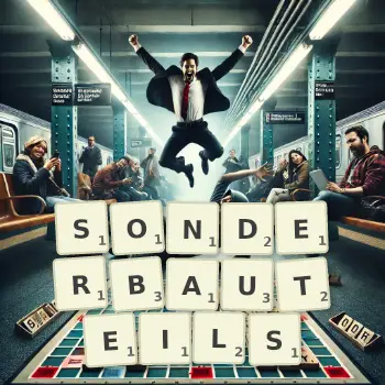 Kreative Illustration für ein Scrabble-Spiel, bei dem das Wort SONDERBAUTEILS mit Steinen auf dem Brett gelegt wurde.