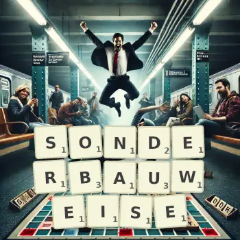 Kreative Illustration für ein Scrabble-Spiel, bei dem das Wort SONDERBAUWEISE mit Steinen auf dem Brett gelegt wurde.