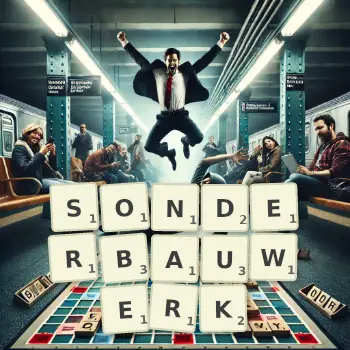 Kreative Illustration für ein Scrabble-Spiel, bei dem das Wort SONDERBAUWERK mit Steinen auf dem Brett gelegt wurde.