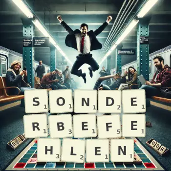 Kreative Illustration für ein Scrabble-Spiel, bei dem das Wort SONDERBEFEHLEN mit Steinen auf dem Brett gelegt wurde.