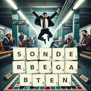 Kreative Illustration für ein Scrabble-Spiel, bei dem das Wort SONDERBEGABTEN mit Steinen auf dem Brett gelegt wurde.