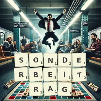 Kreative Illustration für ein Scrabble-Spiel, bei dem das Wort SONDERBEITRAG mit Steinen auf dem Brett gelegt wurde.