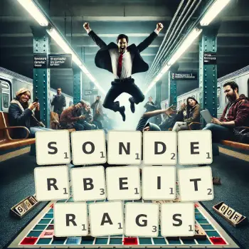 Kreative Illustration für ein Scrabble-Spiel, bei dem das Wort SONDERBEITRAGS mit Steinen auf dem Brett gelegt wurde.