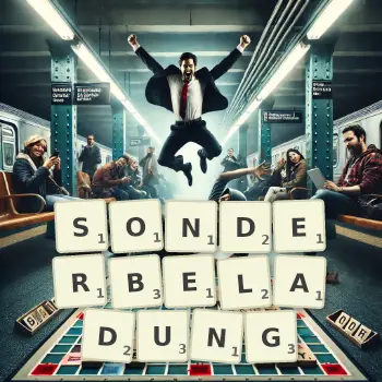 Kreative Illustration für ein Scrabble-Spiel, bei dem das Wort SONDERBELADUNG mit Steinen auf dem Brett gelegt wurde.