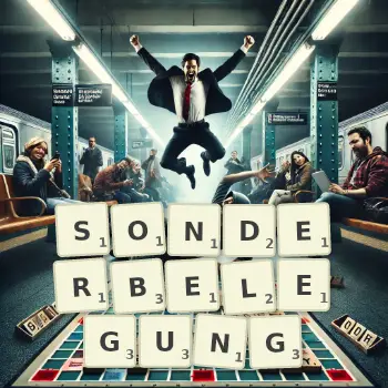 Kreative Illustration für ein Scrabble-Spiel, bei dem das Wort SONDERBELEGUNG mit Steinen auf dem Brett gelegt wurde.