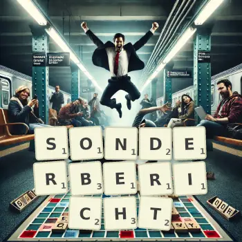 Kreative Illustration für ein Scrabble-Spiel, bei dem das Wort SONDERBERICHT mit Steinen auf dem Brett gelegt wurde.