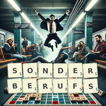 Kreative Illustration für ein Scrabble-Spiel, bei dem das Wort SONDERBERUFS mit Steinen auf dem Brett gelegt wurde.
