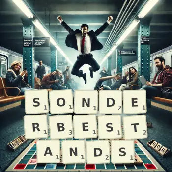 Kreative Illustration für ein Scrabble-Spiel, bei dem das Wort SONDERBESTANDS mit Steinen auf dem Brett gelegt wurde.