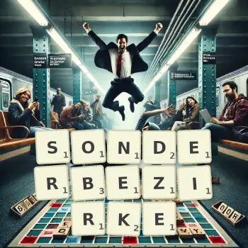 Kreative Illustration für ein Scrabble-Spiel, bei dem das Wort SONDERBEZIRKE mit Steinen auf dem Brett gelegt wurde.