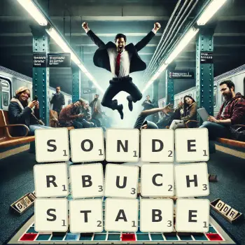 Kreative Illustration für ein Scrabble-Spiel, bei dem das Wort SONDERBUCHSTABE mit Steinen auf dem Brett gelegt wurde.