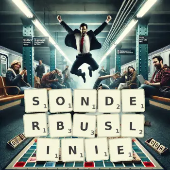 Kreative Illustration für ein Scrabble-Spiel, bei dem das Wort SONDERBUSLINIE mit Steinen auf dem Brett gelegt wurde.