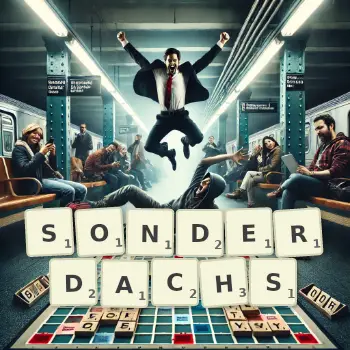 Kreative Illustration für ein Scrabble-Spiel, bei dem das Wort SONDERDACHS mit Steinen auf dem Brett gelegt wurde.