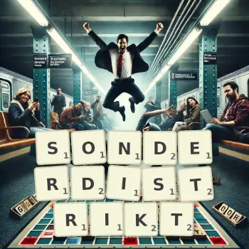 Kreative Illustration für ein Scrabble-Spiel, bei dem das Wort SONDERDISTRIKT mit Steinen auf dem Brett gelegt wurde.