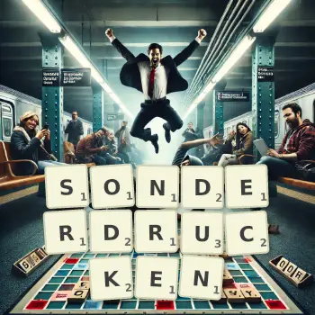 Kreative Illustration für ein Scrabble-Spiel, bei dem das Wort SONDERDRUCKEN mit Steinen auf dem Brett gelegt wurde.