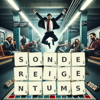 Kreative Illustration für ein Scrabble-Spiel, bei dem das Wort SONDEREIGENTUMS mit Steinen auf dem Brett gelegt wurde.