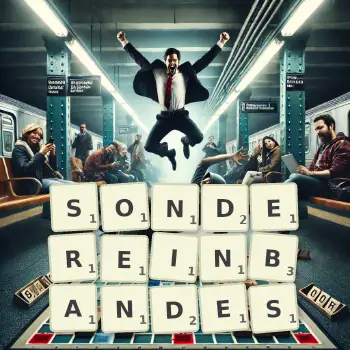 Kreative Illustration für ein Scrabble-Spiel, bei dem das Wort SONDEREINBANDES mit Steinen auf dem Brett gelegt wurde.