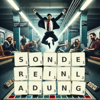 Kreative Illustration für ein Scrabble-Spiel, bei dem das Wort SONDEREINLADUNG mit Steinen auf dem Brett gelegt wurde.