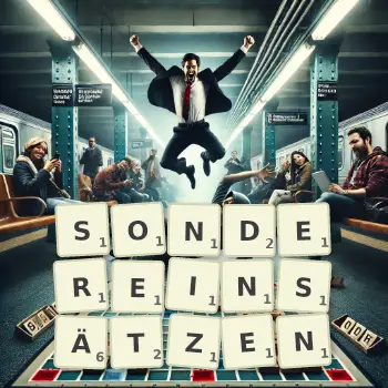 Kreative Illustration für ein Scrabble-Spiel, bei dem das Wort SONDEREINSÄTZEN mit Steinen auf dem Brett gelegt wurde.