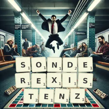 Kreative Illustration für ein Scrabble-Spiel, bei dem das Wort SONDEREXISTENZ mit Steinen auf dem Brett gelegt wurde.