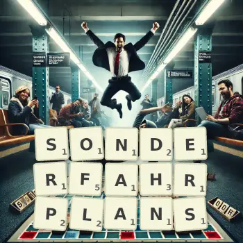Kreative Illustration für ein Scrabble-Spiel, bei dem das Wort SONDERFAHRPLANS mit Steinen auf dem Brett gelegt wurde.