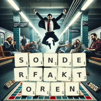 Kreative Illustration für ein Scrabble-Spiel, bei dem das Wort SONDERFAKTOREN mit Steinen auf dem Brett gelegt wurde.
