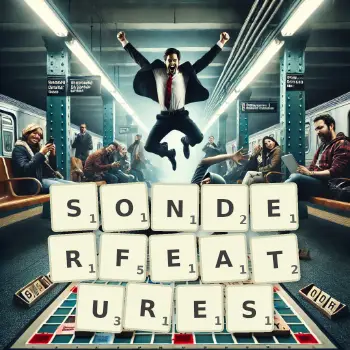 Kreative Illustration für ein Scrabble-Spiel, bei dem das Wort SONDERFEATURES mit Steinen auf dem Brett gelegt wurde.