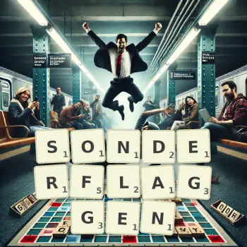 Kreative Illustration für ein Scrabble-Spiel, bei dem das Wort SONDERFLAGGEN mit Steinen auf dem Brett gelegt wurde.