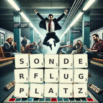 Kreative Illustration für ein Scrabble-Spiel, bei dem das Wort SONDERFLUGPLATZ mit Steinen auf dem Brett gelegt wurde.