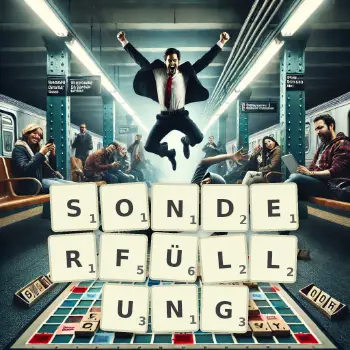 Kreative Illustration für ein Scrabble-Spiel, bei dem das Wort SONDERFÜLLUNG mit Steinen auf dem Brett gelegt wurde.