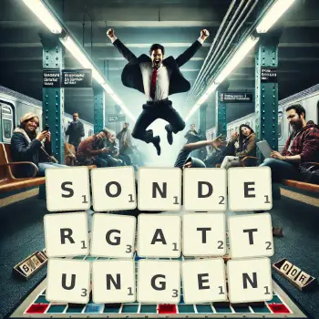 Kreative Illustration für ein Scrabble-Spiel, bei dem das Wort SONDERGATTUNGEN mit Steinen auf dem Brett gelegt wurde.