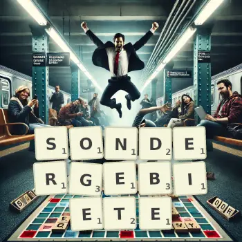 Kreative Illustration für ein Scrabble-Spiel, bei dem das Wort SONDERGEBIETE mit Steinen auf dem Brett gelegt wurde.