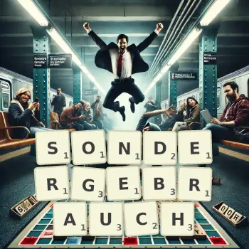 Kreative Illustration für ein Scrabble-Spiel, bei dem das Wort SONDERGEBRAUCH mit Steinen auf dem Brett gelegt wurde.