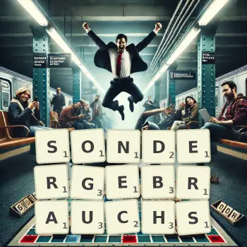 Kreative Illustration für ein Scrabble-Spiel, bei dem das Wort SONDERGEBRAUCHS mit Steinen auf dem Brett gelegt wurde.