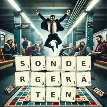 Kreative Illustration für ein Scrabble-Spiel, bei dem das Wort SONDERGERÄTEN mit Steinen auf dem Brett gelegt wurde.