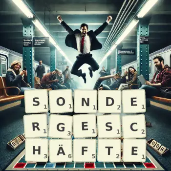 Kreative Illustration für ein Scrabble-Spiel, bei dem das Wort SONDERGESCHÄFTE mit Steinen auf dem Brett gelegt wurde.