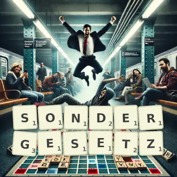Kreative Illustration für ein Scrabble-Spiel, bei dem das Wort SONDERGESETZ mit Steinen auf dem Brett gelegt wurde.
