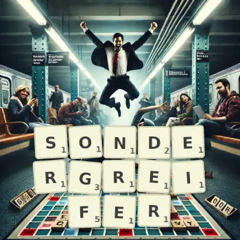 Kreative Illustration für ein Scrabble-Spiel, bei dem das Wort SONDERGREIFER mit Steinen auf dem Brett gelegt wurde.