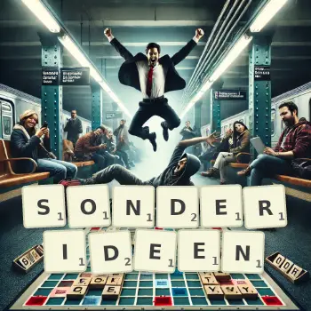 Kreative Illustration für ein Scrabble-Spiel, bei dem das Wort SONDERIDEEN mit Steinen auf dem Brett gelegt wurde.