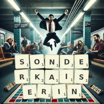 Kreative Illustration für ein Scrabble-Spiel, bei dem das Wort SONDERKAISERIN mit Steinen auf dem Brett gelegt wurde.