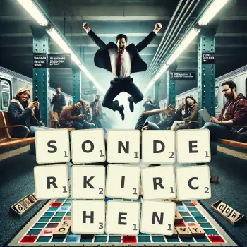 Kreative Illustration für ein Scrabble-Spiel, bei dem das Wort SONDERKIRCHEN mit Steinen auf dem Brett gelegt wurde.