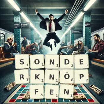Kreative Illustration für ein Scrabble-Spiel, bei dem das Wort SONDERKNÖPFEN mit Steinen auf dem Brett gelegt wurde.