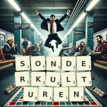 Kreative Illustration für ein Scrabble-Spiel, bei dem das Wort SONDERKULTUREN mit Steinen auf dem Brett gelegt wurde.